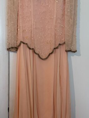 Elegant Peach Long Sleeve Evening Dress with Beaded Overlay